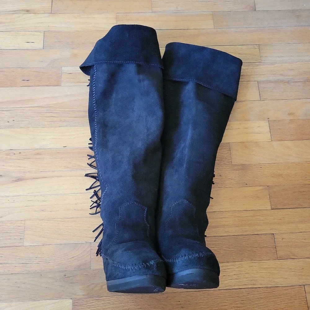 Minnetonka Over The Knee Fringed Suede Boots 8 Black Boho Cowgirl Hippie Western